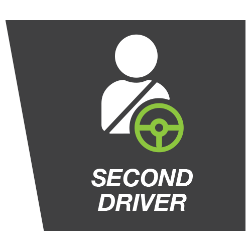 Second driver car rental add-on graphic with a green steering wheel