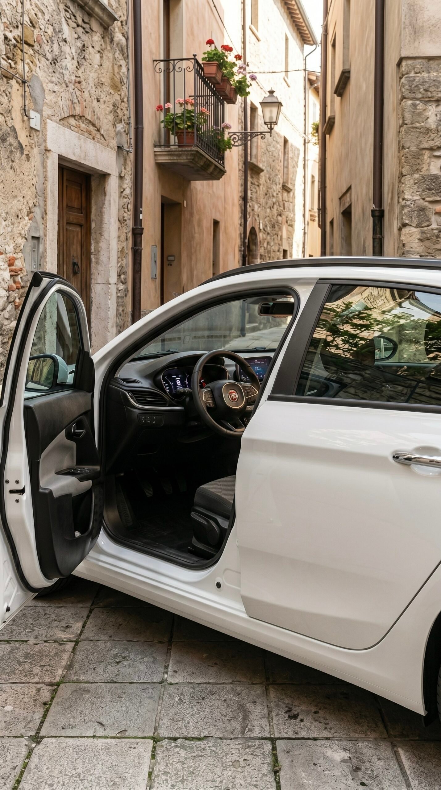 Vertical portrait shot focused on the open driver’s door and modern interior of a white Fiat Tipo car, parked in a charming, narrow cobblestone alleyway of an old Italian town. The background features ancient stone buildings, a wrought-iron balcony with red geraniums, and an old street lamp.