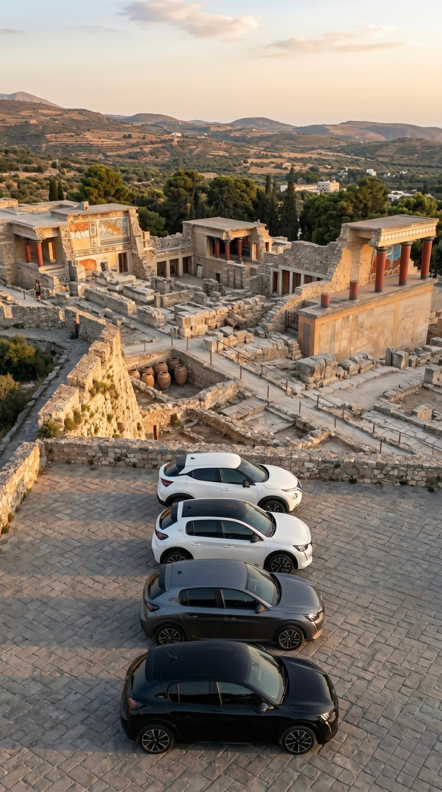 Vertical drone aerial view looking down upon four modern rental cars (white Nissan Juke, followed by white, grey, and black Peugeot 208s) neatly parked in a row on ancient stone paving (plataea) in front of the impressive, multi-level reconstructed ruins of the Palace of Knossos, Crete.