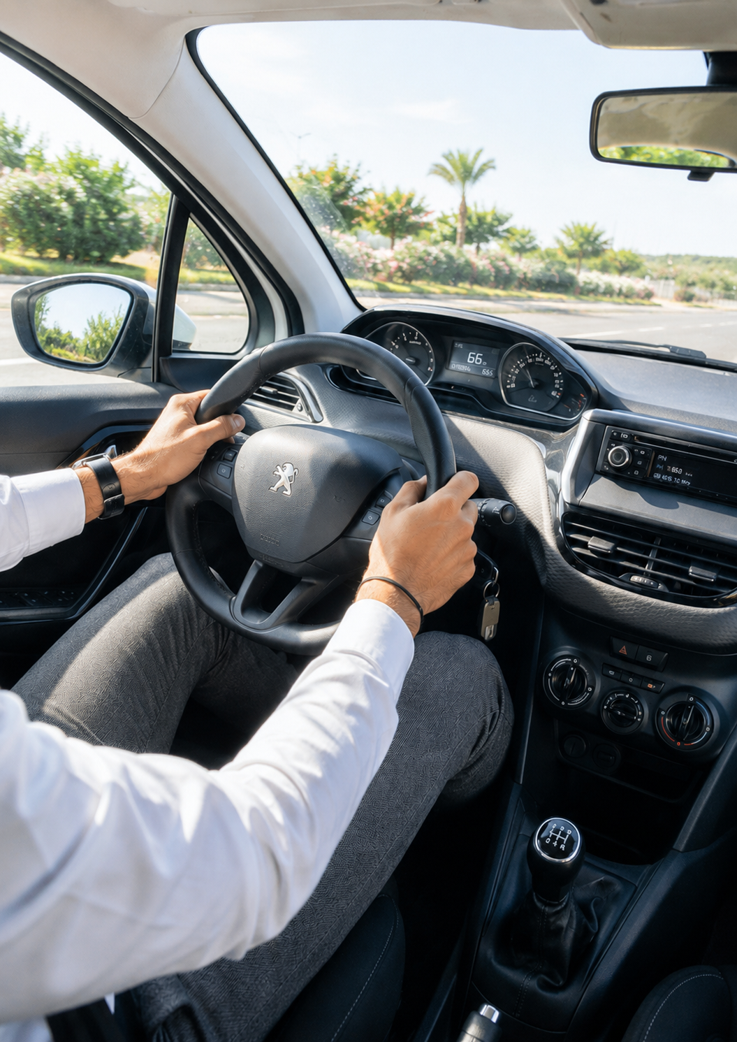An interior POV shot of a person wearing a white shirt and grey trousers driving a Peugeot car. Their hands are on the steering wheel, and the view outside shows a road lined with palm trees on a sunny day.